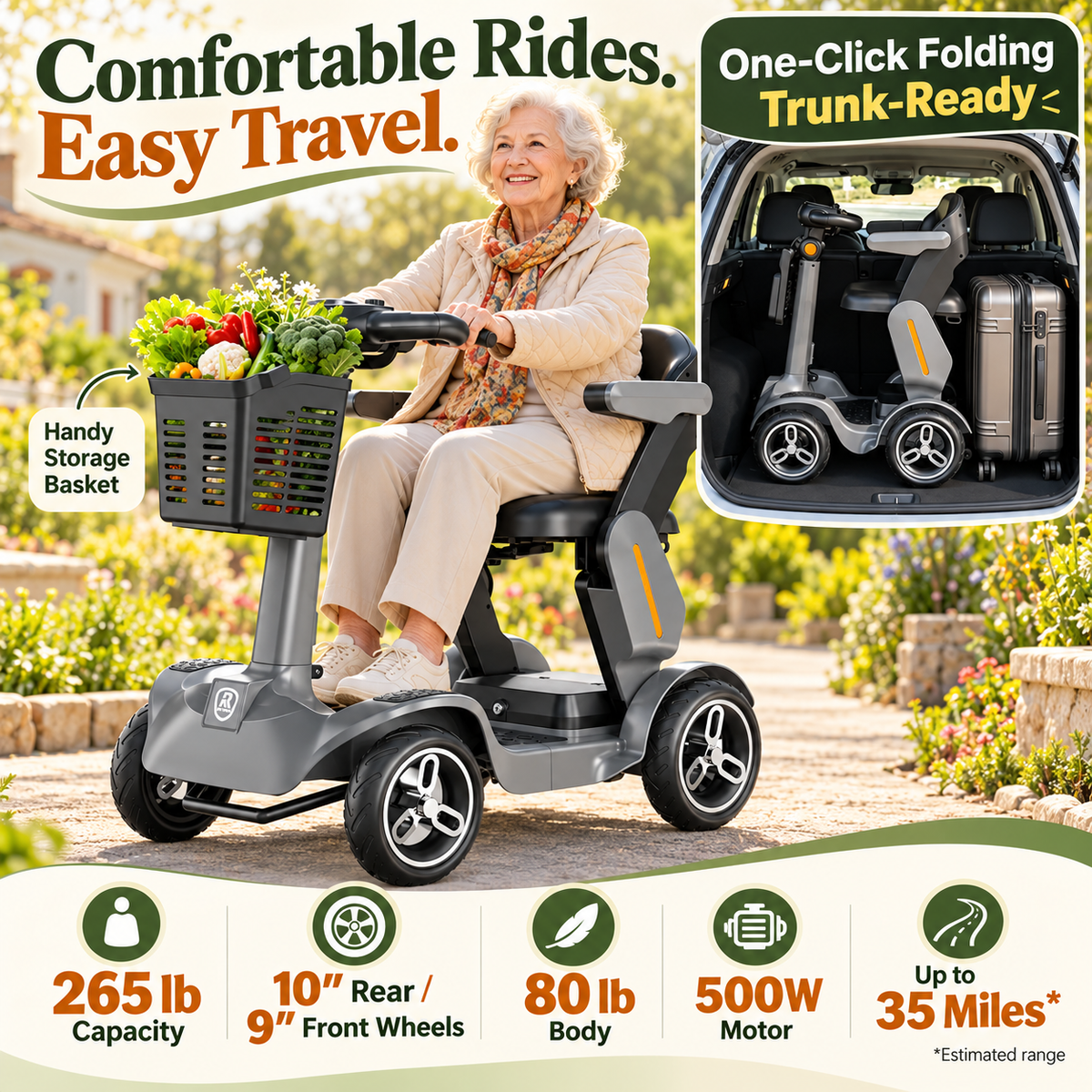 SPD-2 Foldable 4-Wheel Mobility Scooter for Seniors – All-Terrain Electric Travel Scooter, Smart Safety System, Easy-Fold Design
