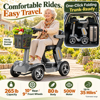 SPD-2 Foldable 4-Wheel Mobility Scooter for Seniors – All-Terrain Electric Travel Scooter, Smart Safety System, Easy-Fold Design