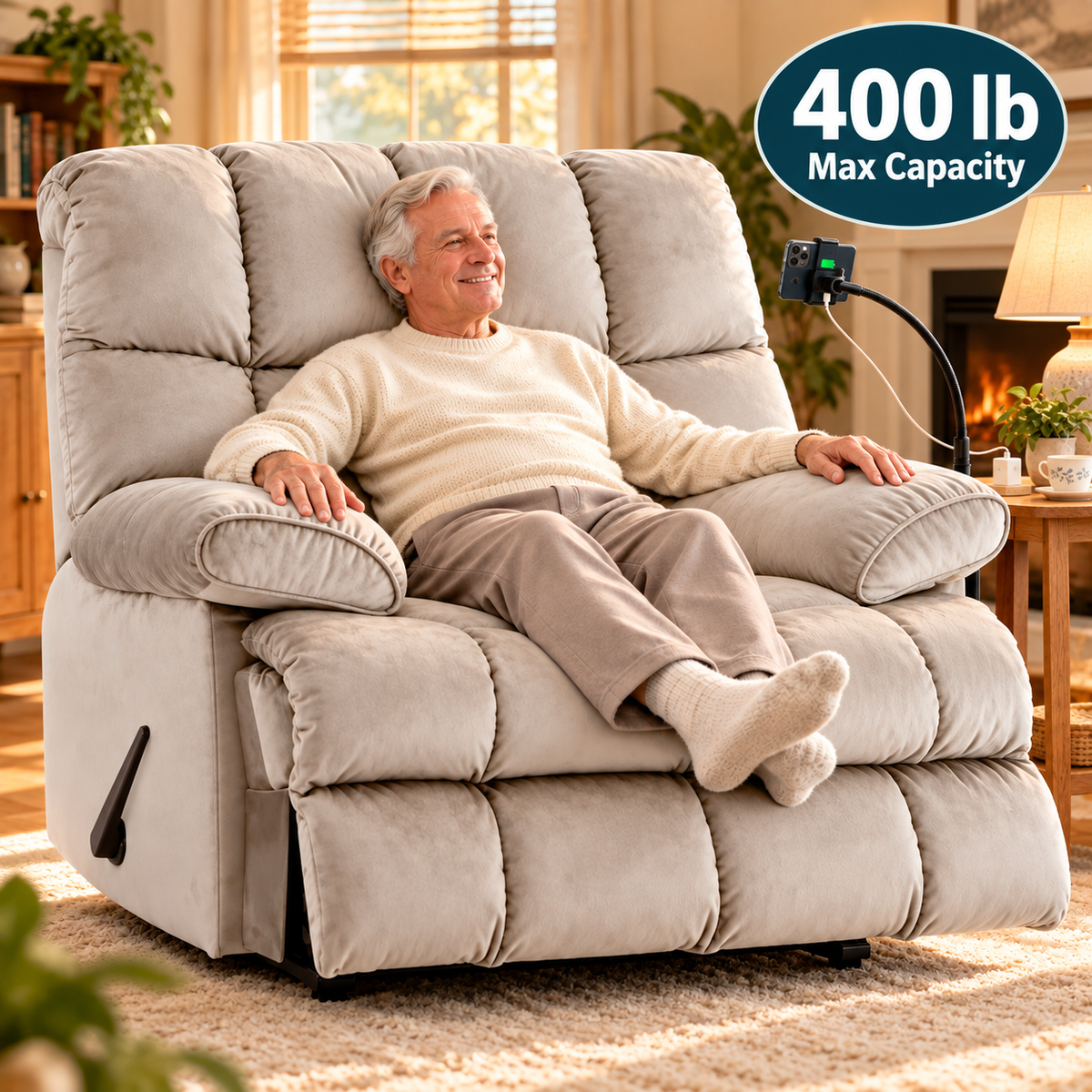 Oversized Extra-Wide Recliner Chair – Heavy-Duty 400 lb Velvet Single Sofa Lounge Chair for Living Room