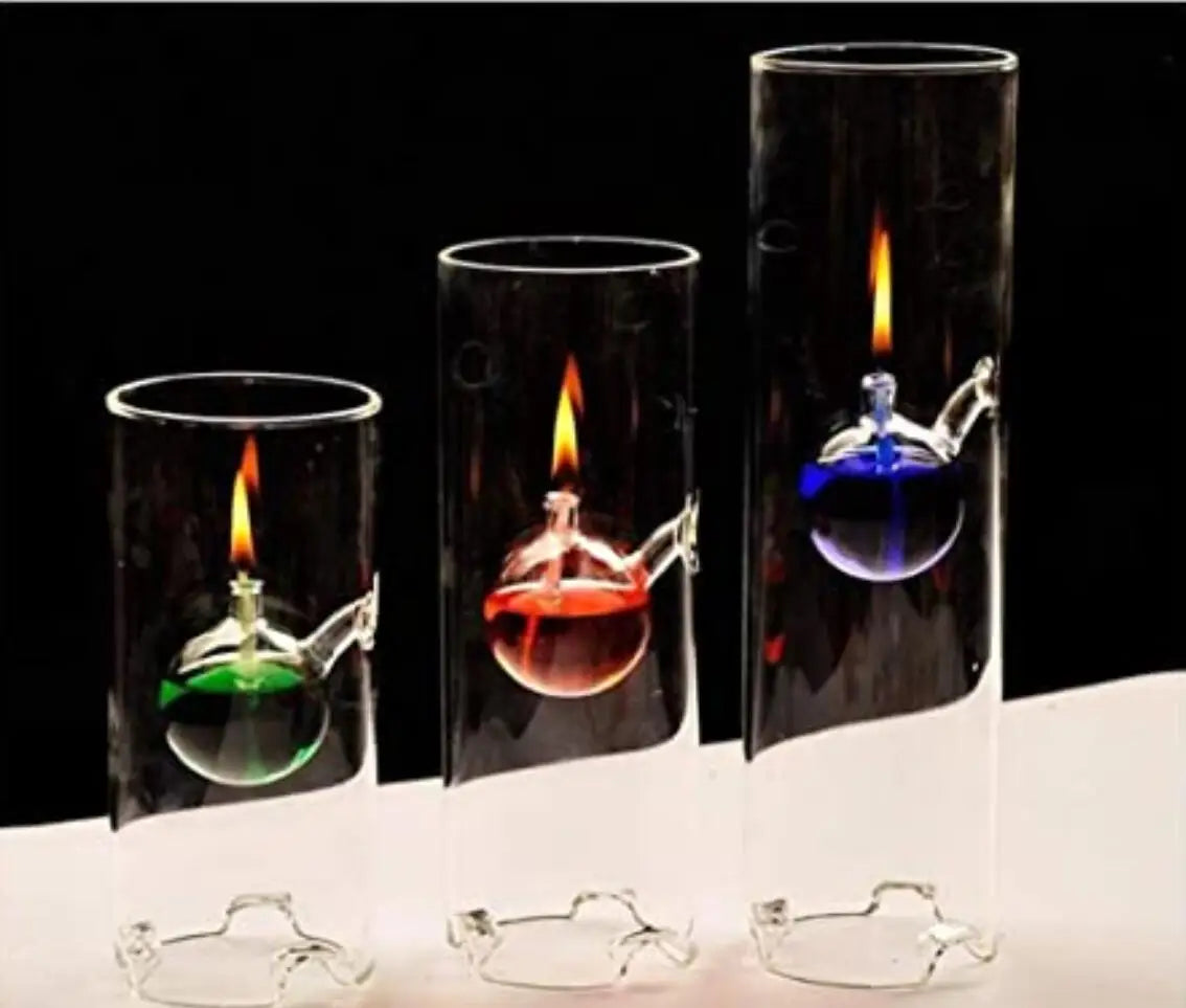 Handcrafted Borosilicate Glass Oil Lamp with Cylindrical Hurricane Sleeve for Home Décor