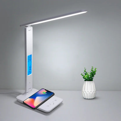 LED Desk Lamp with 10W Qi Wireless Charging, Calendar, Temperature Display and Alarm Clock for Study and Office