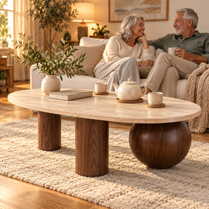 55" Modern Oval Coffee Table with Faux Marble Beige Top & 3 Walnut Wood Accent Legs