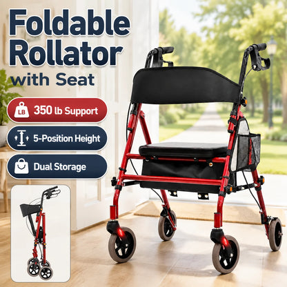 Heavy-Duty Rollator Walker with Seat – 350 lbs Capacity, Lightweight Foldable Frame, Adjustable Height & Storage