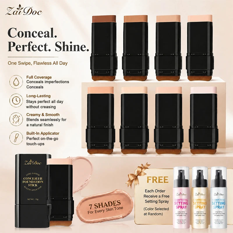 2-in-1 Foundation & Concealer Stick with Setting Spray, Full Coverage, 7 Shade Options