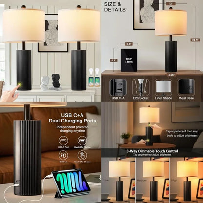 24.5-Inch Table Lamps Set of 2, Modern Striped Touch Bedside Lamps with USB-C and USB-A Charging Ports, 2 Bulbs Included