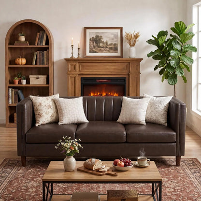81-Inch Cognac Tan Faux Leather Sofa – Mid-Century Modern 3-Seater Deep Seat Couch with Wood Frame for Living Room & Apartment