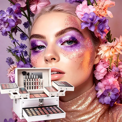 All-in-One Makeup Kit with Mirror, Makeup Tools, Lipstick, Eyeshadow & Blush, Silver Carry Case
