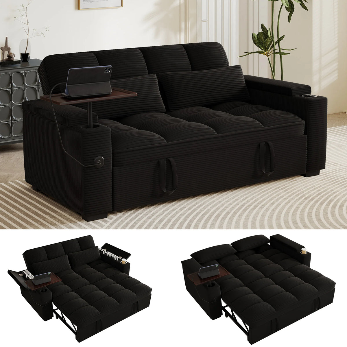 65-Inch 3-in-1 Convertible Sofa Bed – Pull-Out Sleeper Couch with 360° Swivel Side Table & USB Charging, Black
