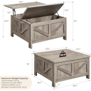 31.5" Farmhouse Lift-Top Coffee Table with Dual Hidden Storage & Gas-Assisted Lift Mechanism