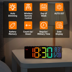 10.5-Inch LED Digital Wall Clock with Remote, 8-Color Backlight, Dual Alarms, Date & Temperature Display