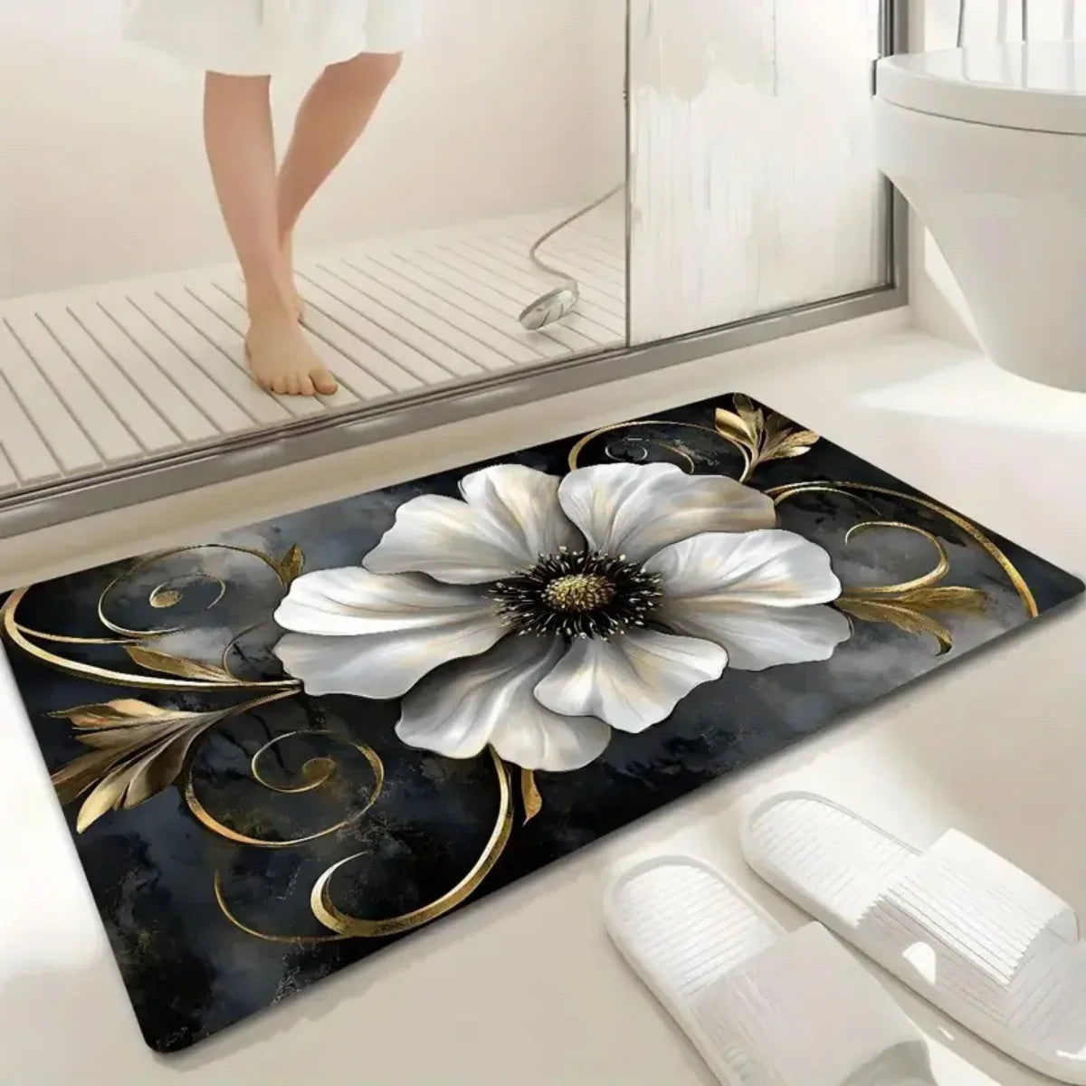 Soft Flannel Bathroom Mat, Absorbent Bath Rug with Non-Slip PVC Backing, Printed Floor Mat for Bathroom & Doorway