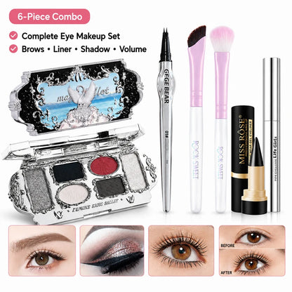 6-Piece Eye Makeup Set with Matte & Shimmer Eyeshadow Palette, Eyebrow Pen, 2 Brushes, Gel Eyeliner & Mascara Primer