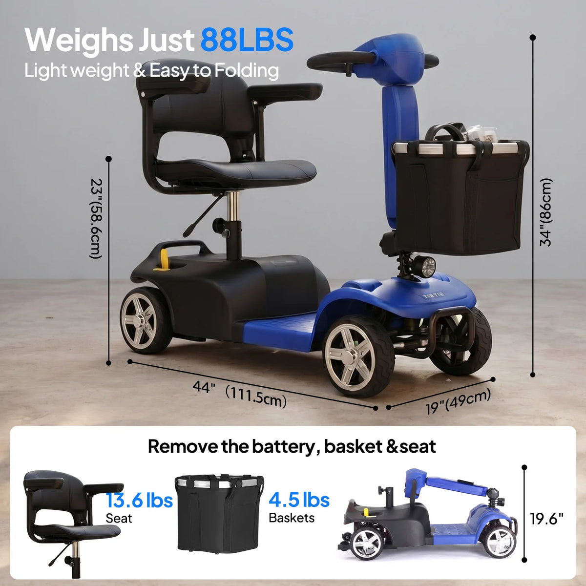250W 4-Wheel Electric Mobility Scooter for Adults, Foldable 88 lb Design, 12-Mile Range, 360° Swivel Seat, Anti-Tip Wheels
