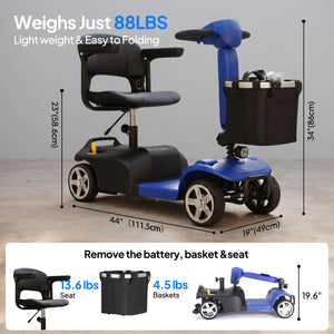 250W 4-Wheel Electric Mobility Scooter for Adults, Foldable 88 lb Design, 12-Mile Range, 360° Swivel Seat, Anti-Tip Wheels