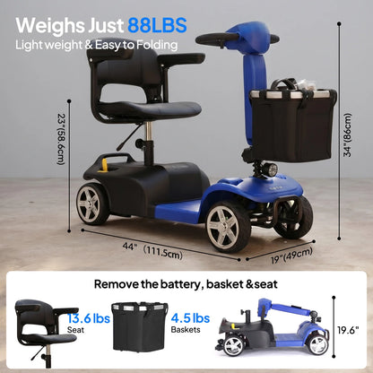 250W 4-Wheel Electric Mobility Scooter for Adults, Foldable 88 lb Design, 12-Mile Range, 360° Swivel Seat, Anti-Tip Wheels