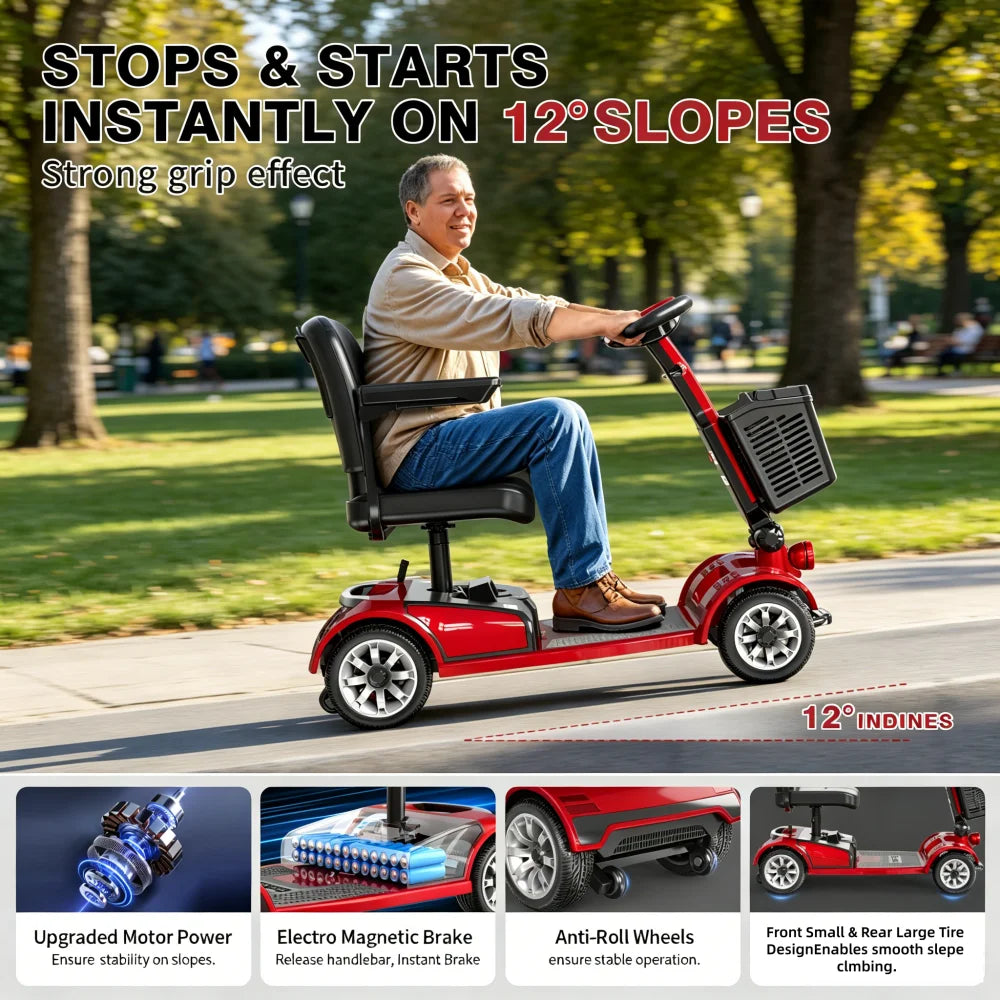4-Wheel Foldable Mobility Scooter for Adults, Detachable Battery, Adjustable Seat, Anti-Tip Wheels, Puncture-Proof Solid Tires, Red