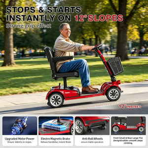 4-Wheel Foldable Mobility Scooter for Adults, Detachable Battery, Adjustable Seat, Anti-Tip Wheels, Puncture-Proof Solid Tires, Red