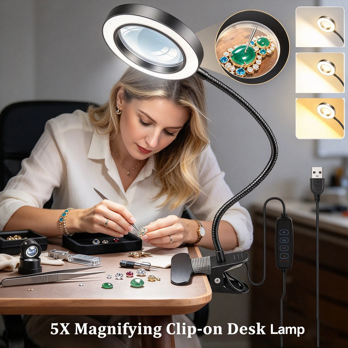 5X LED Magnifying Desk Lamp, USB Powered, 3 Color Modes, 10 Brightness Levels, Flexible Gooseneck with Metal Clamp