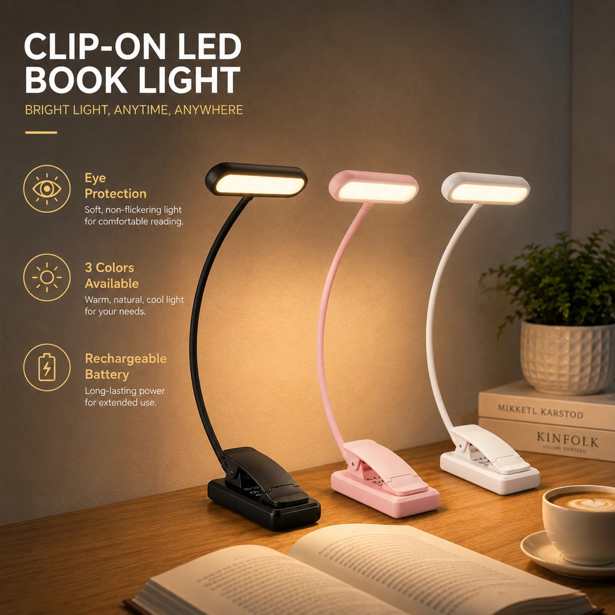 USB Rechargeable LED Book Lights, Set of 2, 3 Color Modes, Flexible Gooseneck, Clip-On Cordless Reading Lamps