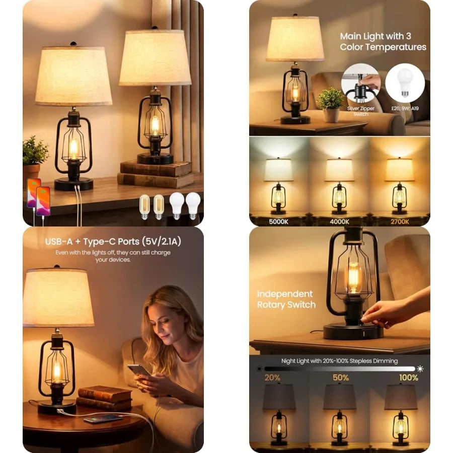 Farmhouse Table Lamps Set of 2 with USB Charging Ports, Rustic Industrial Bedside Lamps for Bedroom and Living Room