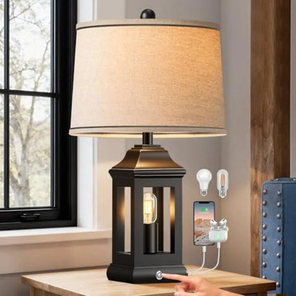 24-Inch Rustic Farmhouse Table Lamp with Touch Dimming, Nightlight and USB-A/USB-C Ports