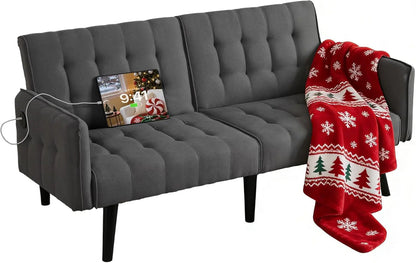 65-Inch Futon Sofa Bed – Convertible Tufted Loveseat with Adjustable Backrest & Dual USB Charging for Small Spaces, Dark Grey