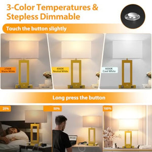 Touch Control Table Lamps Set of 2, 3 Color Temperatures, Stepless Dimming, Dual USB Ports and AC Outlet, Modern Bedside Lighting