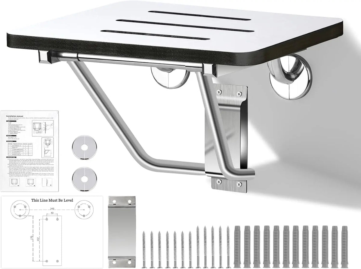 18" Wall-Mounted Folding Shower Seat – Fold-Down Bath Bench with Stainless Steel Frame, 420 lb Capacity