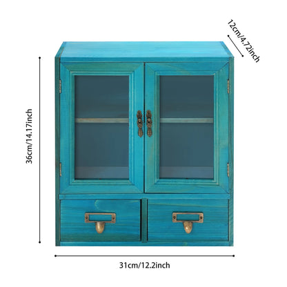2-Tier Blue Wood Storage Cabinet with 2 Drawers & Double Doors, Space-Saving Organizer for Bedroom, Living Room & Home