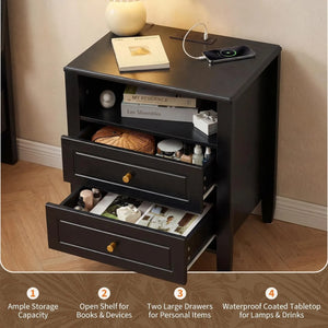 Modern 2-Drawer Nightstand with Charging Station & Open Shelf, Bedside Storage Cabinet for Bedroom and Home