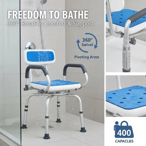 360° Swivel Shower Stool with Padded Seat & Foldable Arms – Height Adjustable Aluminum Bath Chair, 400 lb Capacity