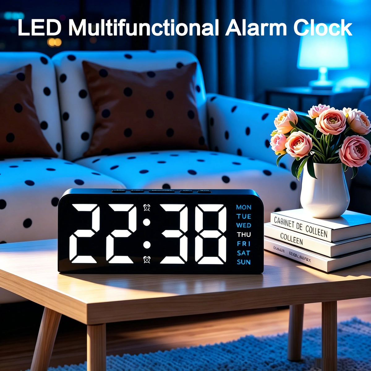 Mini Digital Alarm Clock with Blue Night Light, USB Powered, Year, Date & Temperature Display, Adjustable Brightness – Black