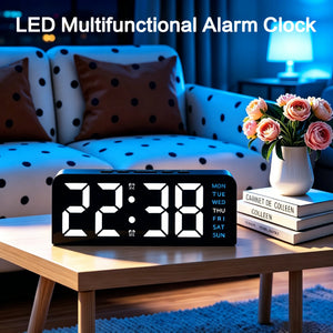 Mini Digital Alarm Clock with Blue Night Light, USB Powered, Year, Date & Temperature Display, Adjustable Brightness – Black