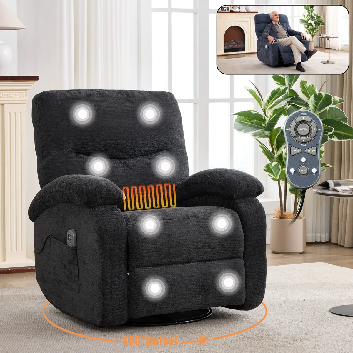 Power Lift Recliner Chair with Massage, 360° Swivel Rocker, 8-Point Vibration & Stand Assist for Adults