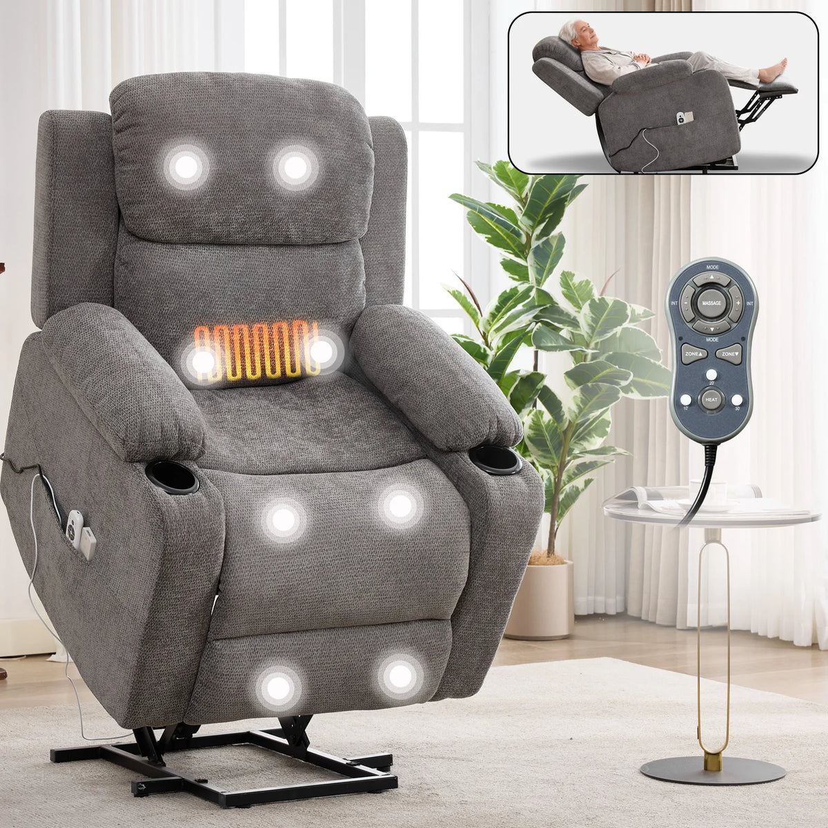 Power Lift Recliner Chair with 8-Point Vibration Massage & Lumbar Heat, Electric Stand Assist Chair with Cup Holders