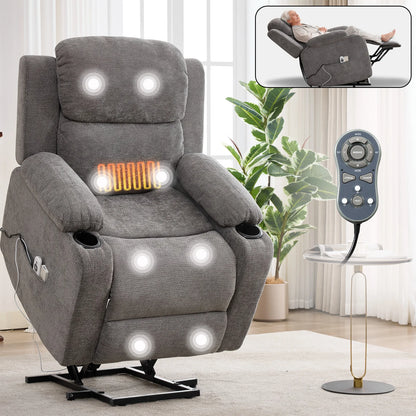 Power Lift Recliner Chair with 8-Point Vibration Massage & Lumbar Heat, Electric Stand Assist Chair with Cup Holders