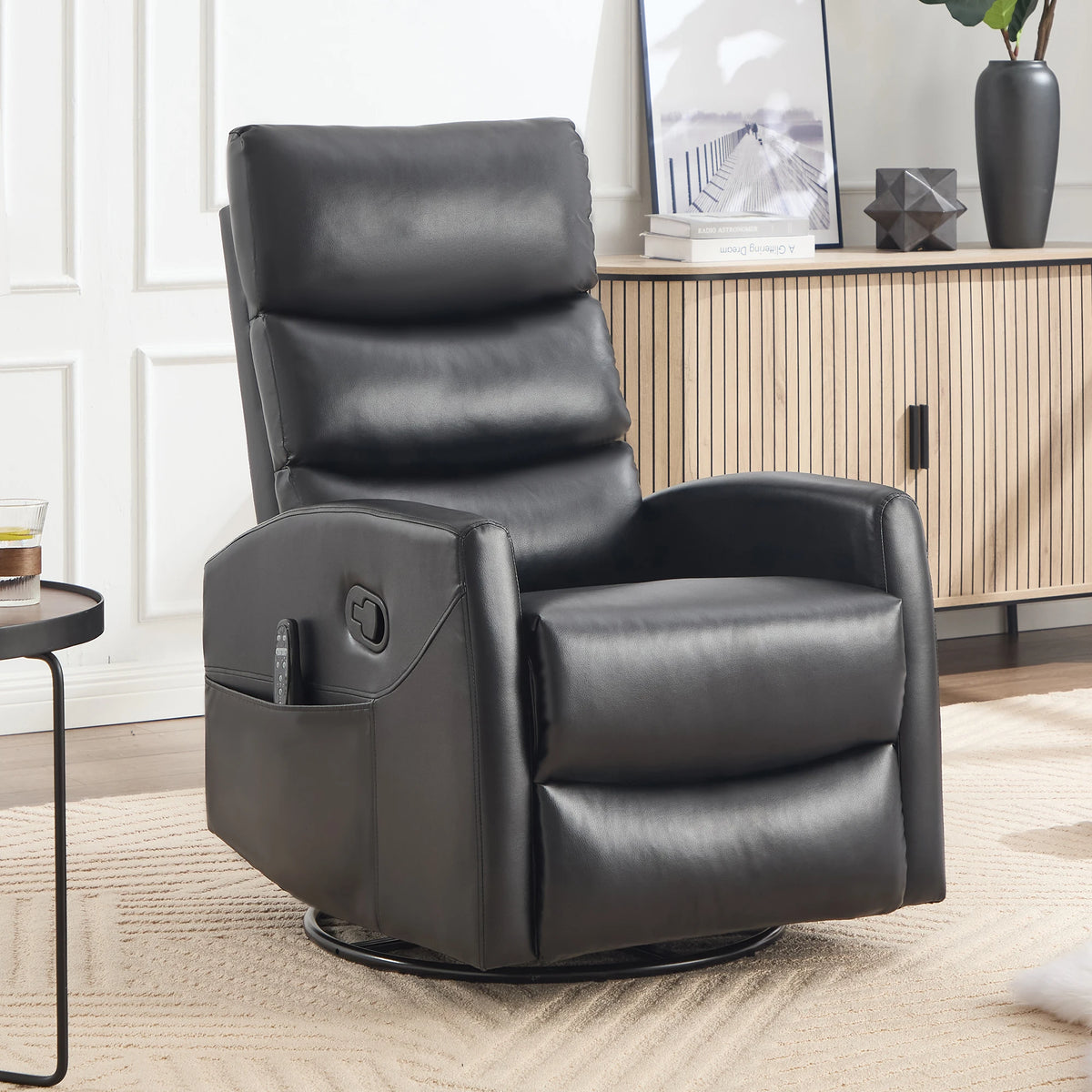 Black Fabric Swivel Rocker Recliner Chair with Massage & Heat – Manual Reclining Lounge Chair for Living Room