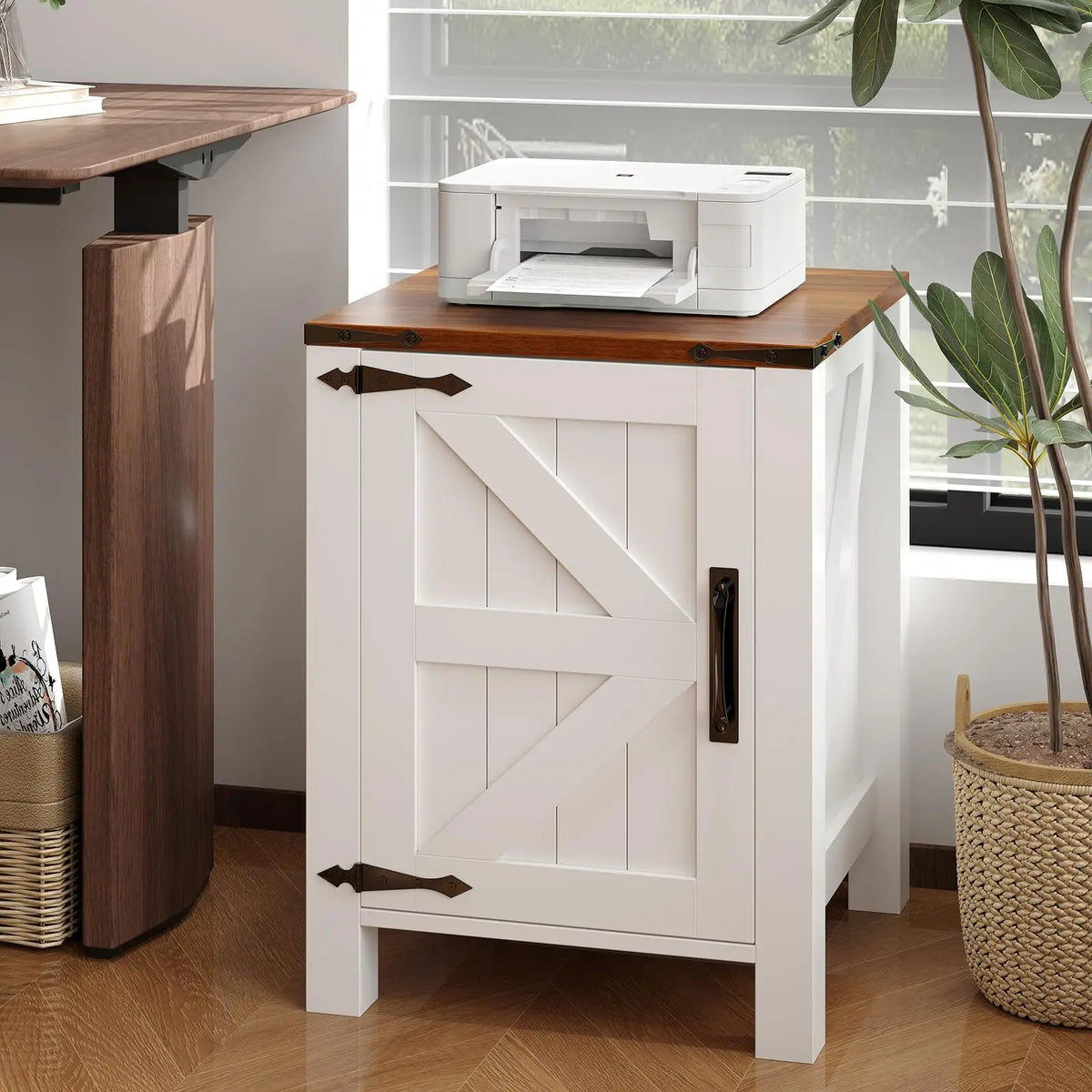 18" Rustic Farmhouse Nightstand with Charging Station – Barn Door Bedside Table with Adjustable Shelf & Storage
