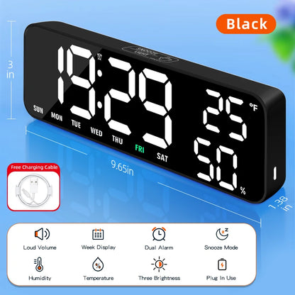 Large Display Digital Alarm Clock with Dual Alarms, Snooze, Temperature & Humidity, Week Display, 3 Brightness Levels, USB-C Powered