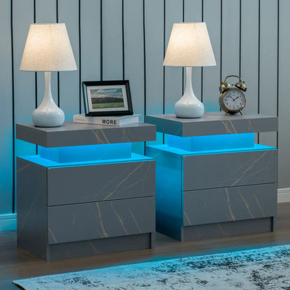 Set of 2 LED Nightstands with 2 Drawers, Modern Bedside Tables with LED Lights & Storage for Bedroom
