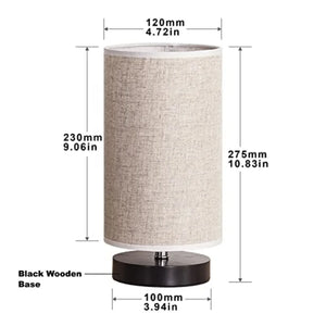 Bedside Table Lamp with Wood Base and Cylindrical Fabric Shade