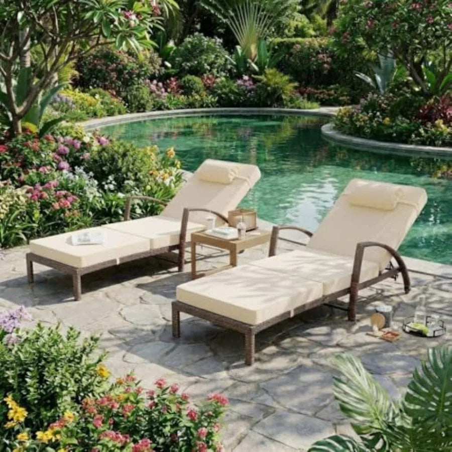 Set of 2 Outdoor Chaise Lounge Chairs – 5-Position Adjustable PE Wicker Recliners with 3.5-Inch Cushions & Wheels, 400 lb Capacity