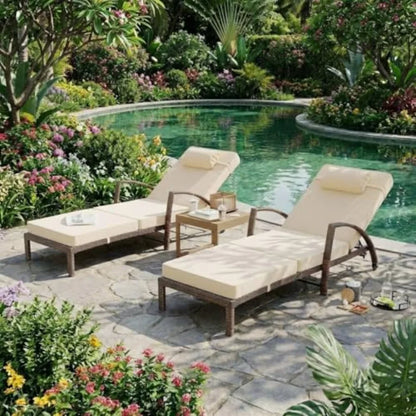 Set of 2 Outdoor Chaise Lounge Chairs – 5-Position Adjustable PE Wicker Recliners with 3.5-Inch Cushions & Wheels, 400 lb Capacity