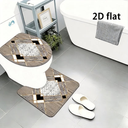 Geometric Gold Line Marble Bathroom Rug Set, Non-Slip Absorbent Bath Mat with Toilet Seat Cover, Decorative Bathroom Set
