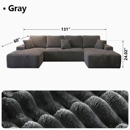 131-Inch U-Shaped Modular Cloud Sectional Sofa Bed – Oversized Boneless Corduroy Deep Seat Couch, No Assembly Required