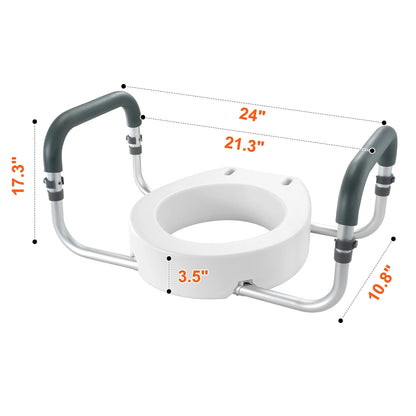 3.5" Raised Toilet Seat with Aluminum Handrails – Elevated Toilet Riser for Standard Round Toilets, 300 lb Capacity