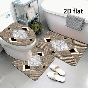 Geometric Gold Line Marble Bathroom Rug Set, Non-Slip Absorbent Bath Mat with Toilet Seat Cover, Decorative Bathroom Set