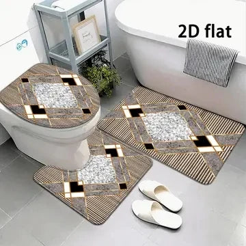 Geometric Gold Line Marble Bathroom Rug Set, Non-Slip Absorbent Bath Mat with Toilet Seat Cover, Decorative Bathroom Set