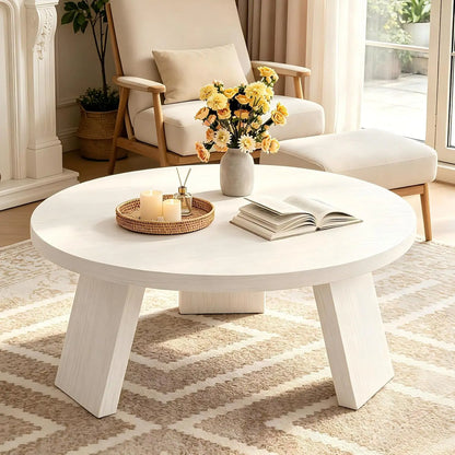 33.5" Round Coffee Table with Wood Grain Top & Angled Legs, Modern Center Table for Living Room & Apartment