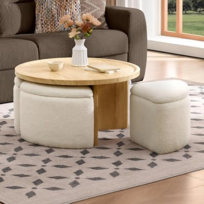 Round Ottoman Coffee Table with 4 Nesting Bouclé Seats, Hidden Storage & Reinforced Wood Frame